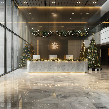 3d rendering luxury reception desk in hotel lobby with christmas treeの素材