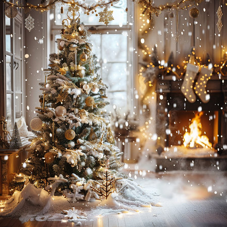 Christmas tree in a classic interior with a fireplace and Christmas decorations.の素材