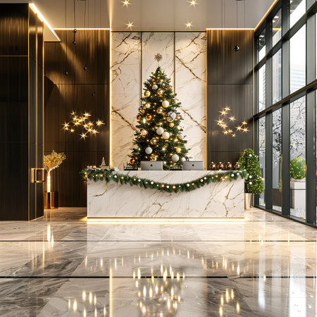 3d rendering christmas tree in luxury hotel lobby with reception deskの素材