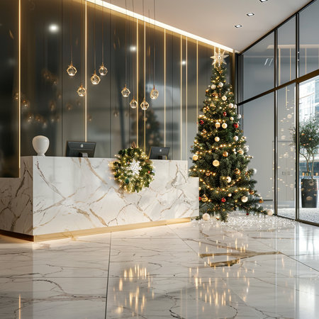 Merry Christmas and Happy New Year. Luxury hotel reception with Christmas tree. 3d renderingの素材