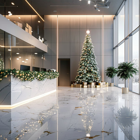 3d render of modern office interior with christmas tree and lightsの素材