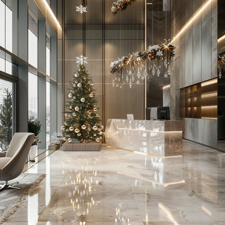 Modern hotel lobby interior with Christmas tree and lights. 3D Renderingの素材
