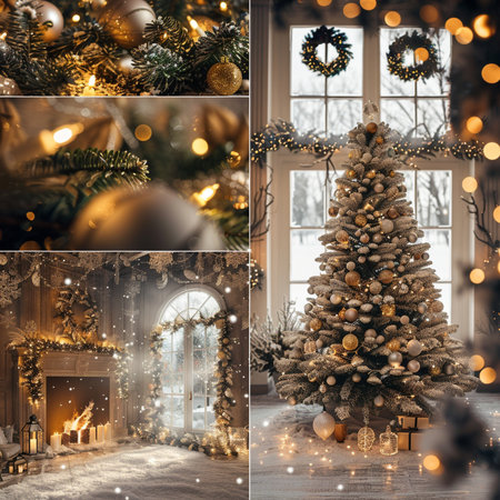 Collage of photos with a Christmas tree in the interior of the houserated with toys and garlandsの素材