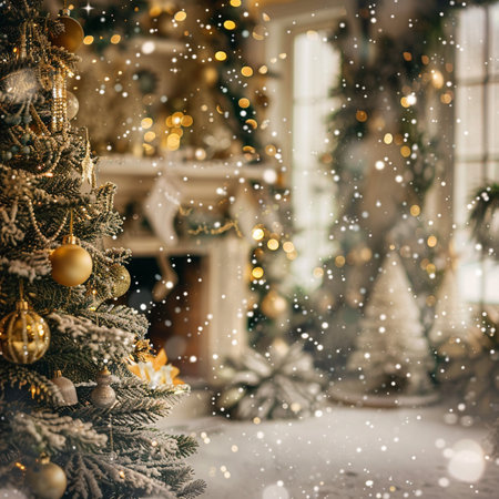 Christmas and New Year holidays background. Decorated living room with Christmas tree, gifts and lights.の素材