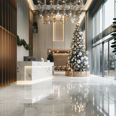 3d render luxury hotel lobby with Christmas tree and reception desk.の素材