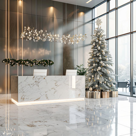 Merry Christmas and Happy New Year in luxury hotel lobby, reception desk with Christmas tree. 3d renderingの素材