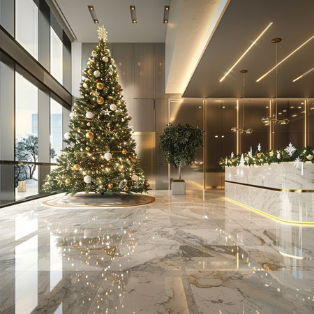3d rendering christmas tree in luxury hotel lobby with golden lightsの素材