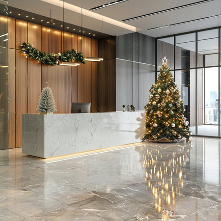 3d rendering luxury hotel reception desk with christmas tree in hotel lobbyの素材