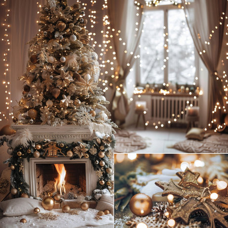 Christmas and New Year holidays background. Decorated living room with fireplace, Christmas tree, gifts and bokehの素材