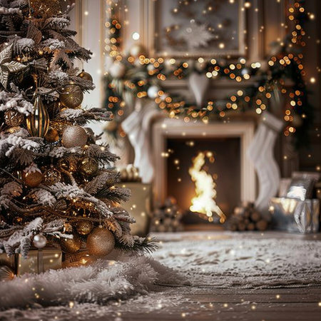 Christmas tree and fireplace in a room with a fireplace. Christmas backgroundの素材