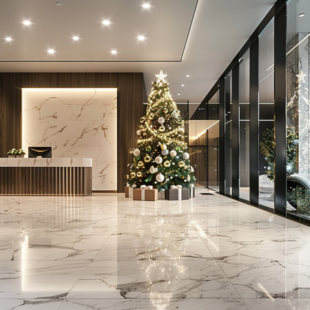 3d rendering luxury hotel lobby with christmas tree and decorations.の素材