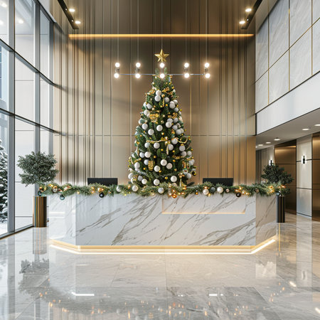 3d rendering luxury hotel lobby with christmas tree and gold lightsの素材