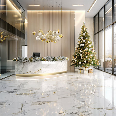 3d rendering luxury hotel reception with christmas tree and decorations.の素材