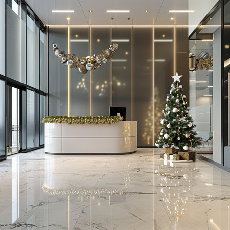 3d rendering luxury hotel reception desk with christmas tree and decorationsの素材