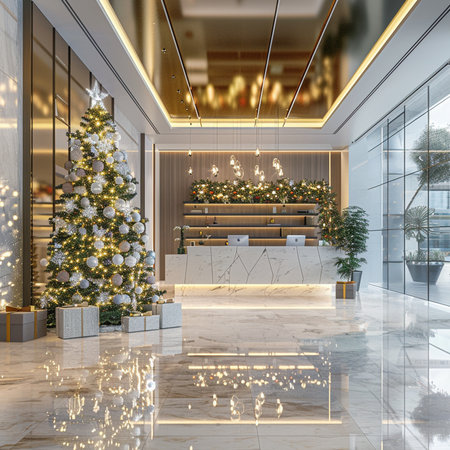 3d rendering luxury hotel lobby with christmas tree and lights.の素材