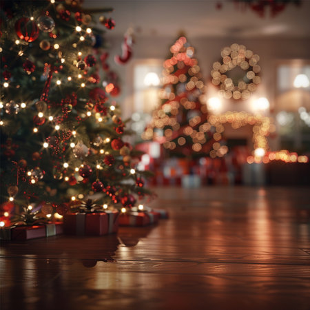 Christmas tree with presents and lights in living room. Blurred backgroundの素材