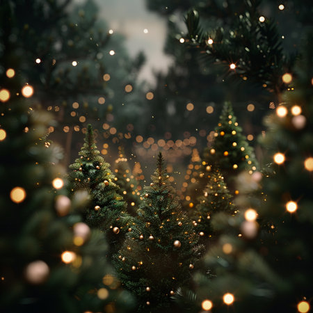 Christmas tree and garland in the forest. Blurred background.の素材