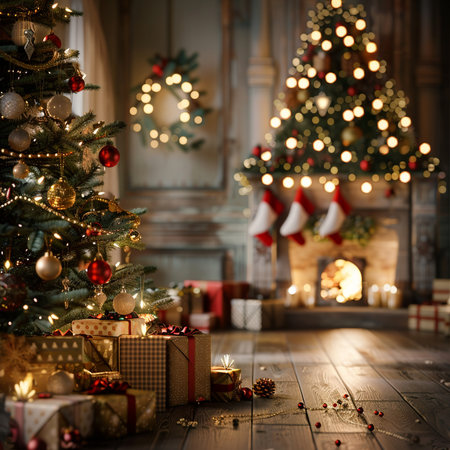 Christmas tree and gifts in the interior of the room with a fireplaceの素材