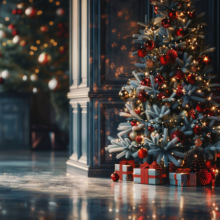 Christmas tree with gifts in the interior of the house with a fireplaceの素材