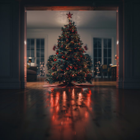 Christmas tree in the living room at night. 3d rendering.の素材