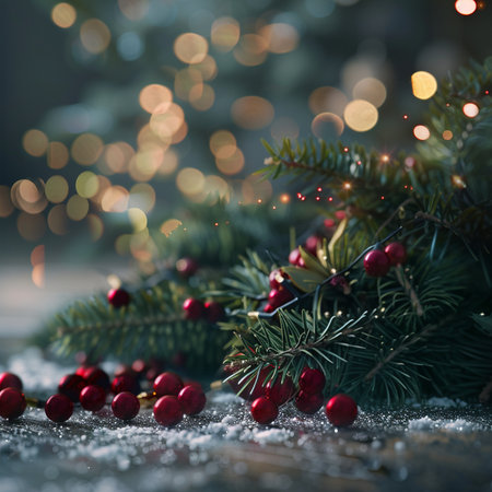 Christmas background with fir branches, red berries and bokeh lightsの素材
