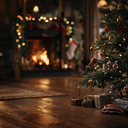 Christmas tree with gifts and fireplace in the background. Soft focus.の素材