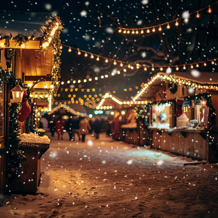 Christmas market on the street at night. Decorated with garlands.の素材