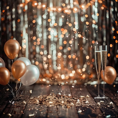 Two glasses of champagne with golden and silver balloons on a wooden background with bokehの素材