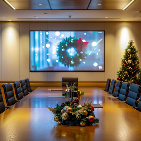 Interior of a conference room with christmas tree and decorations.の素材