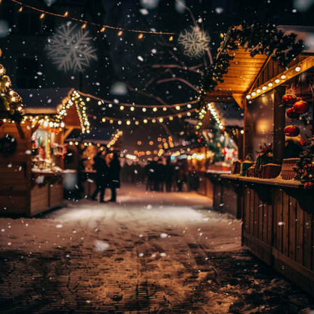 Christmas market at night with people walking in the street. Snowfallの素材