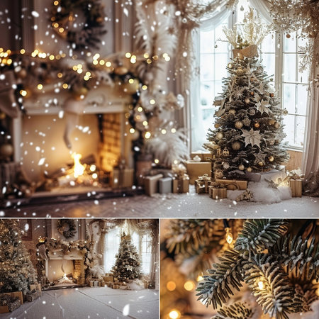 Collage of Christmas and New Year photos. Christmas tree, fireplace, gifts.の素材