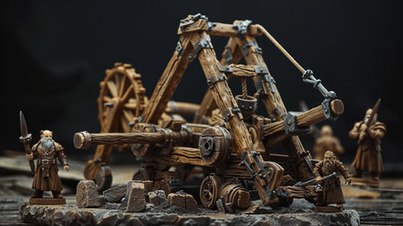 Medieval battle scene with wooden soldiers. Selective focus. Black background.の素材