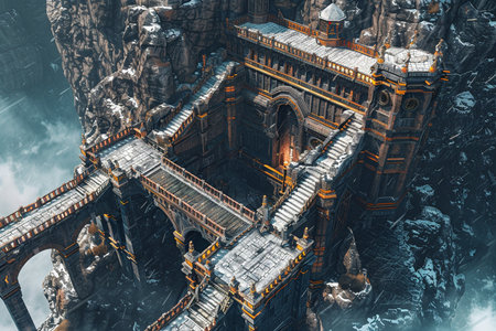 Fantasy landscape with a castle in the mountains. 3d illustrationの素材