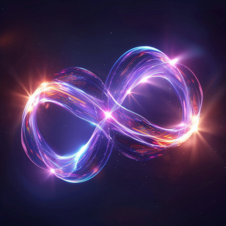 Glowing infinity symbol on dark space background, 3D illustration.の素材