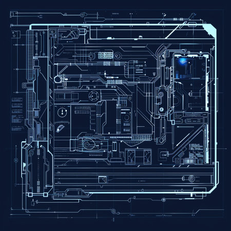 Drawing of a circuit board on a dark blue background. Vector illustrationの素材