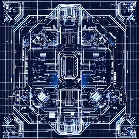 Circuit board, printed circuit board on blue background. Technical drawing.の素材