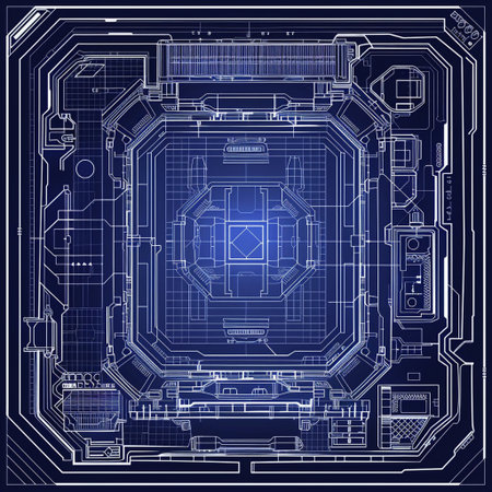 Circuit board, technical drawing on a blue background. Vector illustrationの素材