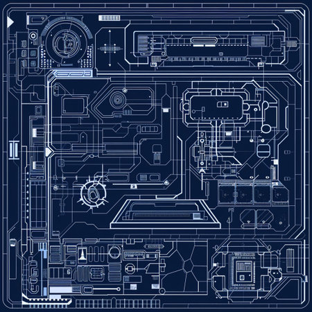 Vector technical blueprint of a mechanism on a dark blue background. Drawingの素材