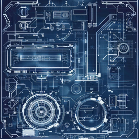 Abstract technological background with various technological elements. Vector illustration. Blue toned.の素材