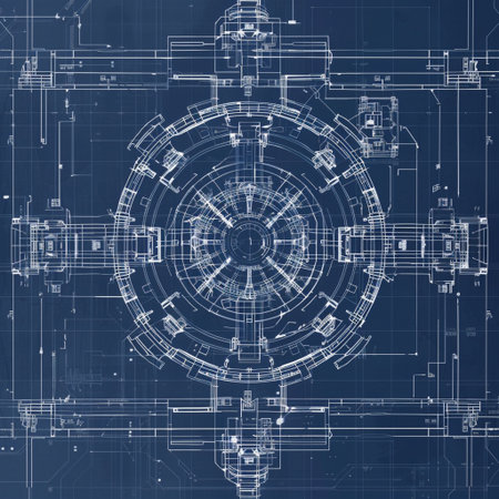 Technical blueprint of mechanism on dark blue background. 3D rendering.の素材