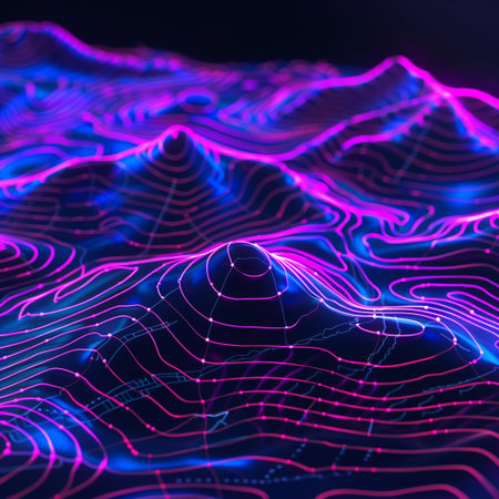 3d illustration of abstract digital landscape with glowing particles. Big data visualization.の素材
