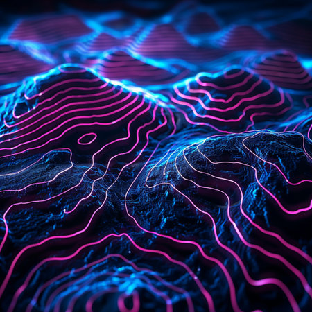3D rendering of abstract digital wireframe landscape with glowing particles. Futuristic hi-tech background.の素材
