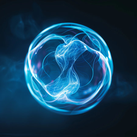 Abstract blue sphere with smoke on dark background. 3D illustrations.の素材