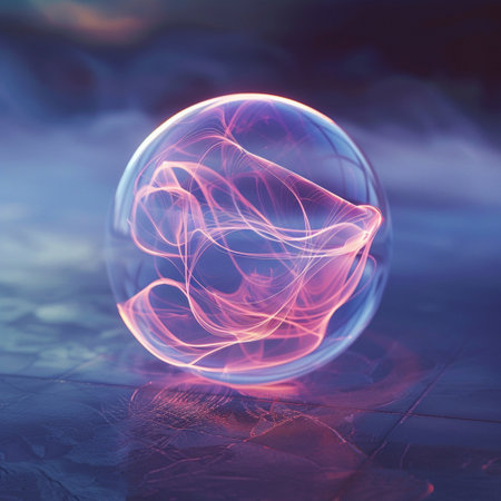 Crystal ball with abstract glowing light effect on a dark background. 3D Renderingの素材