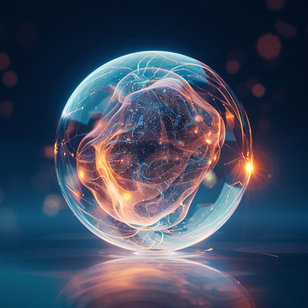 3d illustration of abstract digital human heart in a crystal ball.の素材