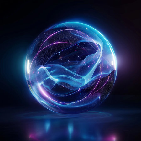 Glowing sphere with glowing lines and particles, abstract background. Vector illustration.の素材