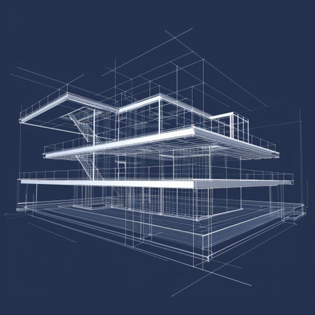 3D render of a modern house on a dark blue background.の素材