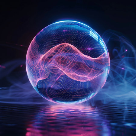 Abstract sphere with glowing lines on dark background. 3D Renderingの素材