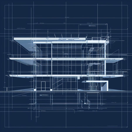 Abstract architectural 3D model of a house on a blue background.の素材