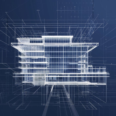 sketch design of building wireframe on blue background, 3d renderingの素材